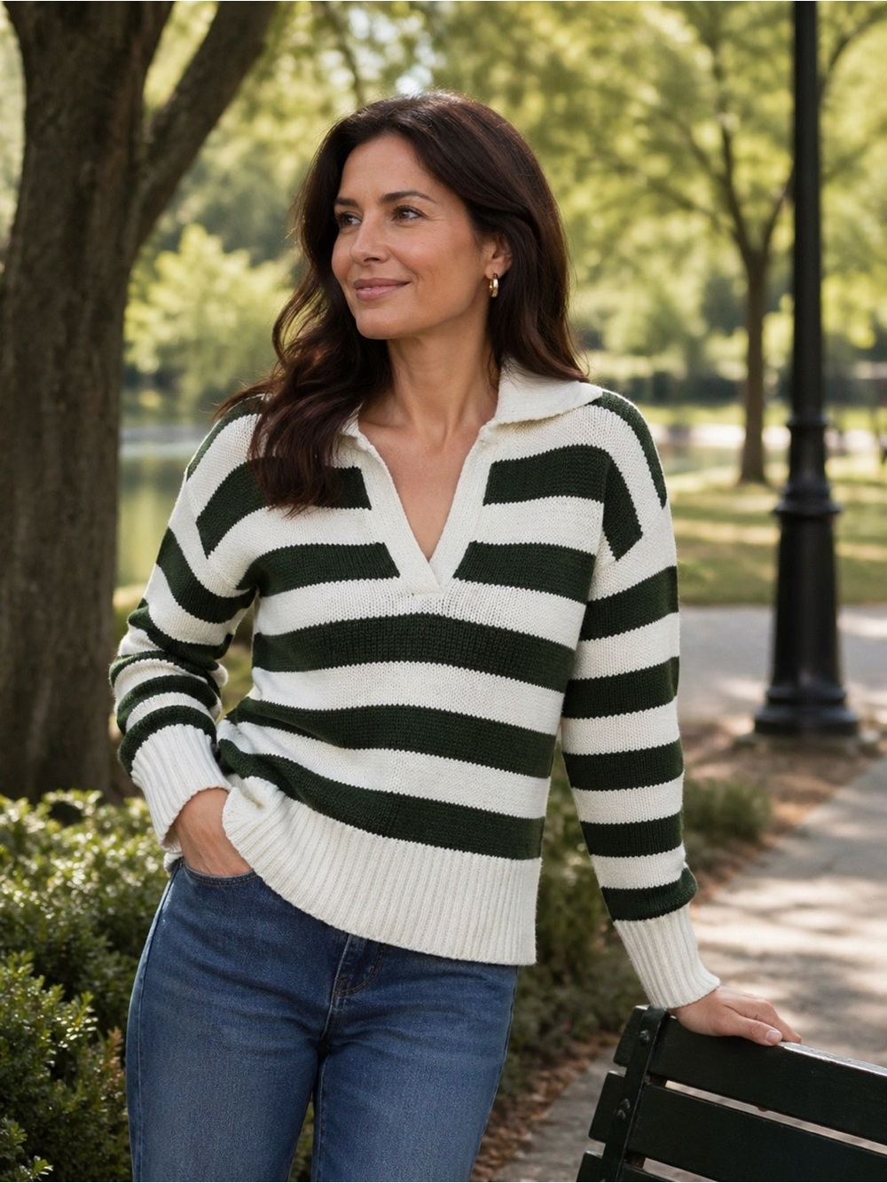 Ann Taylor weekend Stripe Cotton sweater Small Green
